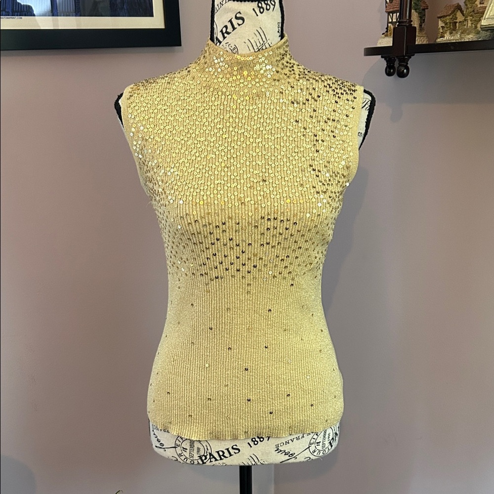 Luxurious Gold Beaded sleeveless Turtleneck Sweater-Small